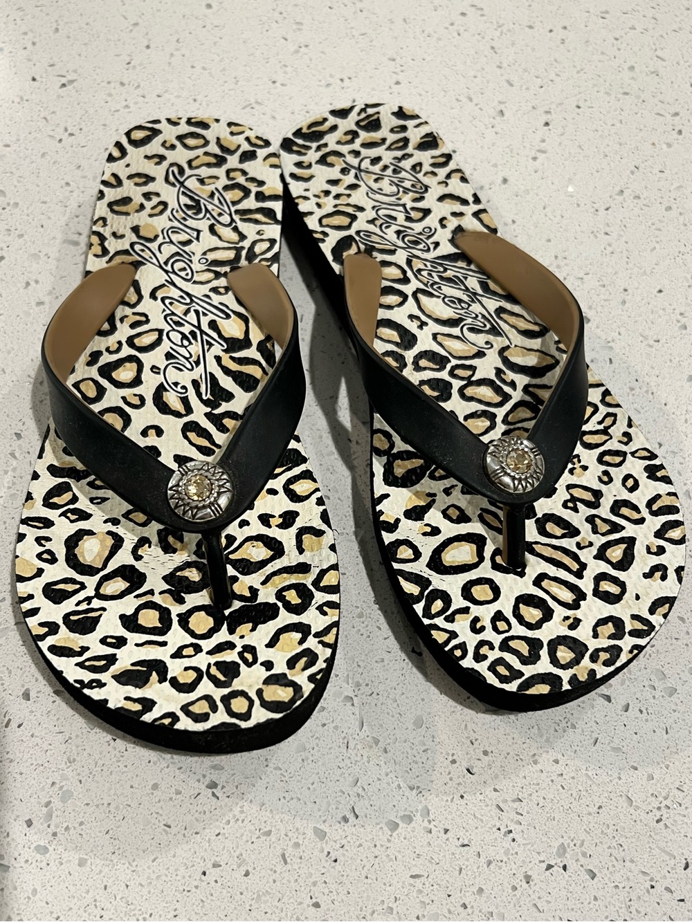 Brighton Leopard Print Flip Flop Sandals with Decorative Medallion Rhinestones